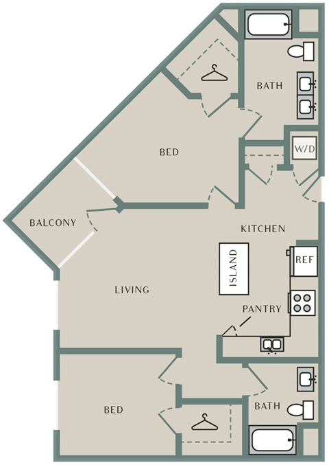 Floor plan for 2 beds, 2 baths, 1030 sqft